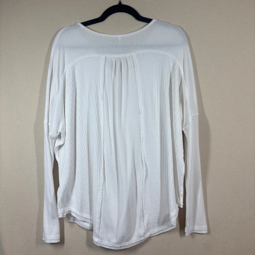 Free People Leo Henley Waffle Knit Oversized Tee Womens Med White Casual Slouchy